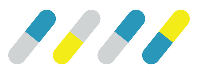 Open and Closed Medical Capsules with Spilling Particles – Digital Pixelated Tablet and Capsule Silhouette Illustration