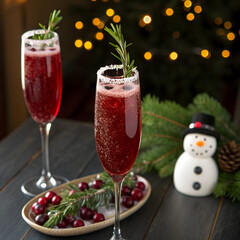 Three festive glasses of liquid: a red wine, a champagne, and a strawberry champagne cocktail