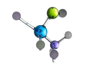3D rendered molecular structure, colored spheres connected by transparent rods, isolated against a pure black background