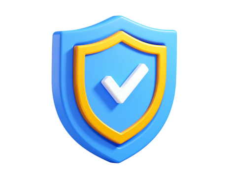 3D rendered light blue shield with golden trim, featuring a crisp white checkmark; isolated on black background