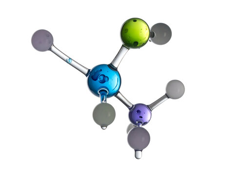 3D rendered molecular structure, colored spheres connected by transparent rods, isolated against a pure black background