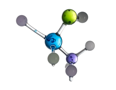 3D rendered molecular structure, colored spheres connected by transparent rods, isolated against a pure black background