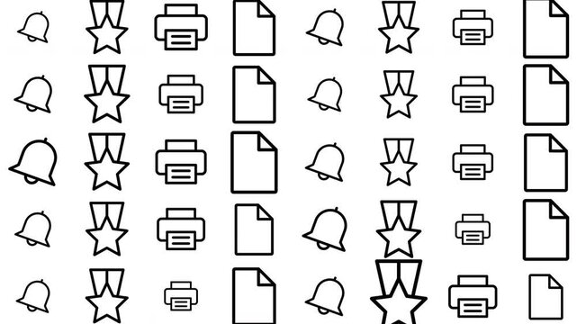 Seamless Pattern of Communication Icons Including Bells, Stars, Printers, and Documents in Black and White Graphic Design