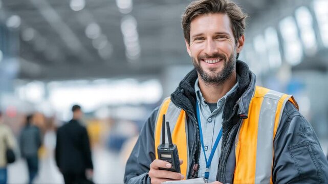 Smiling man in safety vest holding radio and clipboard, engaged in communication, as camera pans across busy environment showcasing teamwork and professionalism