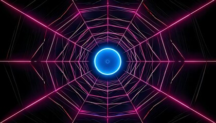 Abstract glowing neon tunnel with a central blue portal and pink web like structure
