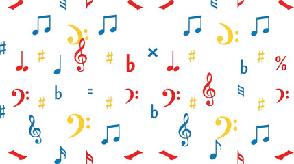 Colorful seamless music note pattern: treble clef and symbol composition, creative art background.