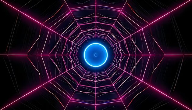 Abstract glowing neon tunnel with a central blue portal and pink web like structure
