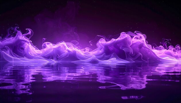 A mesmerizing abstract image of vibrant purple smoke billowing over a reflective water surface, set against a dark background - Powered by Adobe