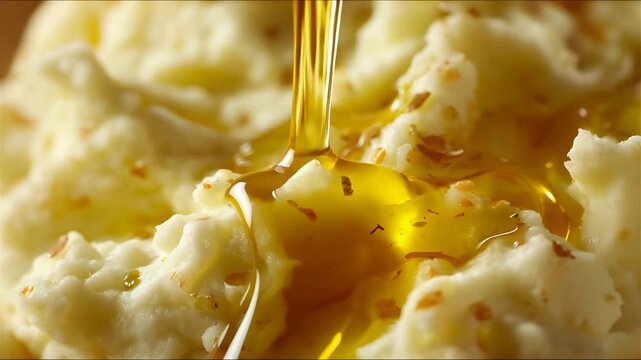 Golden Olive Oil Drizzling Over Rich Creamy Mashed Potatoes, Food Preparation Close Up.