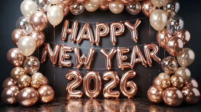 Happy new year 2026 celebration with rose gold balloons and sparkling disco balls, festive decoration for the upcoming year - Powered by Adobe