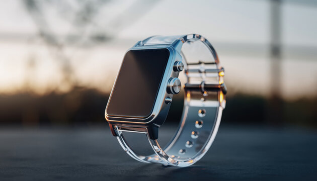 Futuristic transparent smartwatch with sleek digital interface. This modern wearable technology represents innovation and connectivity, stylish gadget for connected lifestyle