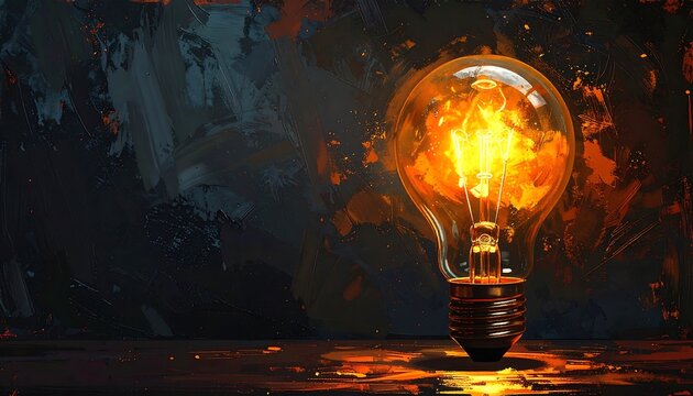 A luminous bulb, filled with fiery light, illuminates against a textured, dark backdrop. The base sits on a reflective surface