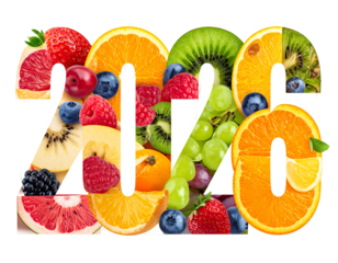 2020 year depicted using colorful, vibrant fruit pieces inside white numbers on a black background, with a transparent outline
