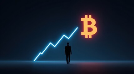 Silhouetted Figure Stands Before Rising Cryptocurrency Graph with Bitcoin Symbol Emphasizing Market Trends and Financial Growth