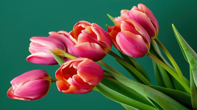 Pink Tulips Bouquet on Green Background Bright Natural Lighting Fresh Spring Flowers - Powered by Adobe