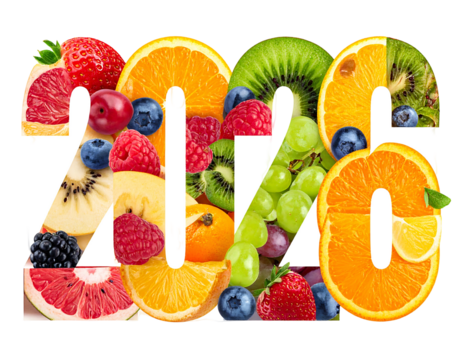 2020 year depicted using colorful, vibrant fruit pieces inside white numbers on a black background, with a transparent outline