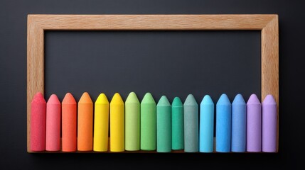 Vibrant Colorful Crayons Arranged in a Frame on Dark Background for Creative and Educational Concepts