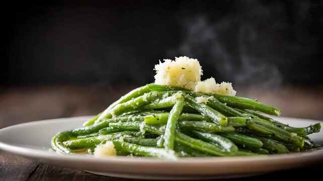 Freshly Steamed Green Beans Topped with Grated Parmesan Cheese and Herbs, Ready to Serve.