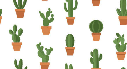 Trendy seamless cactus pattern: potted desert succulents, nature houseplant background.