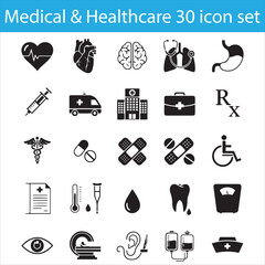 30 Medical & Healthcare Icons | Minimalist Black and White Silhouette Vector Set