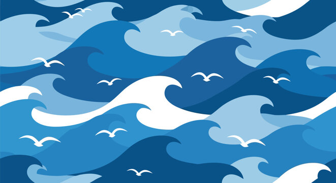 Seamless blue ocean waves pattern with seagulls marine background nautical design