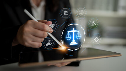 Futuristic digital law interface displaying justice scale, highlighting digital law, AI compliance,...