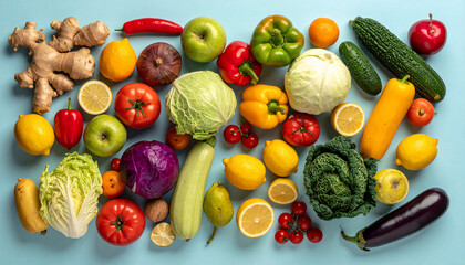 Fresh Fruits and Vegetables on Blue
