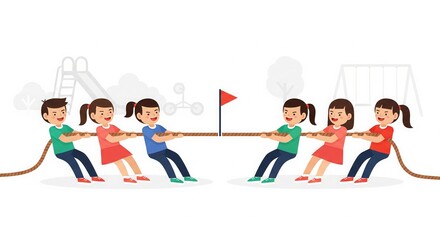 Kids Playing Tug of War on Playground. Fun Flat Vector Design.