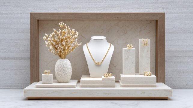 Elegant display of golden jewelry with decorative arrangements on a marble surface in a stylish showcase setting