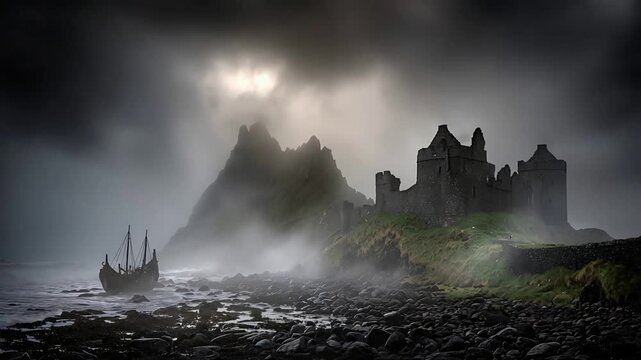 Ancient Castle Ruins and Viking Ship on Misty Rocky Coastline Under Dramatic Skies.