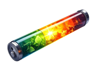 A battery depicts nature's changing seasons, from green spring to hot summer and autumn orange, all within a cylindrical casing