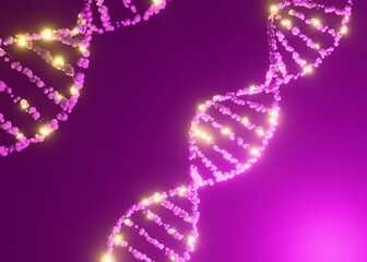 Abstract 3D Render of Glowing DNA Double Helix Structure on a Vibrant Neon Gradient Background for Genetics Biotechnology and Science Concept