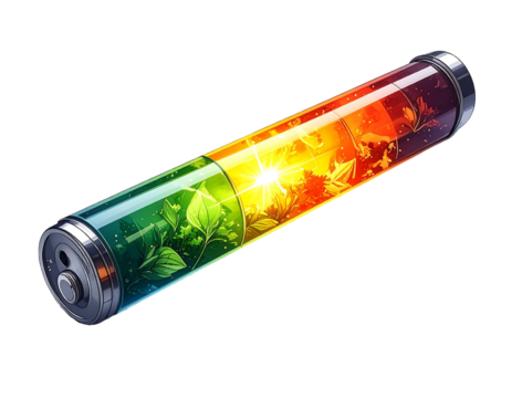 A battery depicts nature's changing seasons, from green spring to hot summer and autumn orange, all within a cylindrical casing