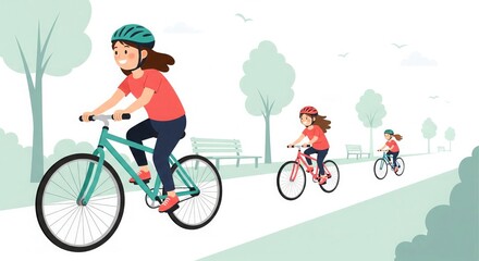 Fototapeta premium Children Riding Bicycles in Park. Flat Vector Outdoor Scene.