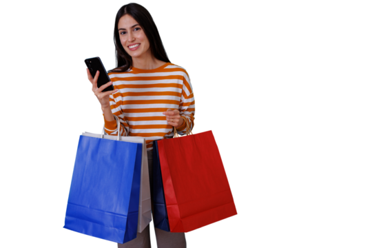 Happy woman holding shopping bags and using smartphone, smiling and buying online, transparent background - Powered by Adobe