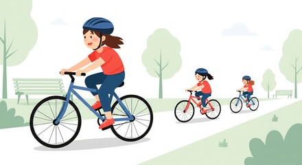 Fototapeta premium Children Riding Bicycles in Park. Flat Vector Outdoor Scene.
