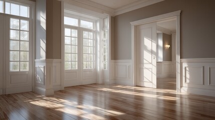 Bright and airy empty room with natural light streaming through the windows, creating a warm and inviting atmosphere inside