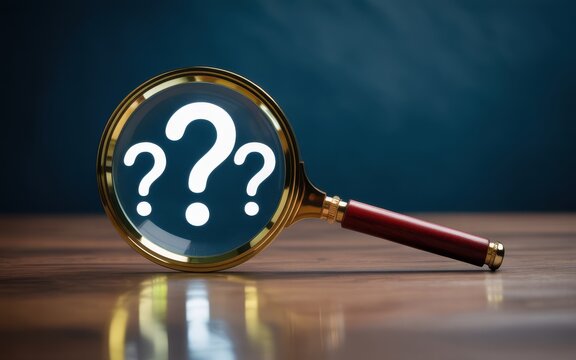 Magnifying glass focusing on three question marks, symbolizing inquiry and the pursuit of knowledge