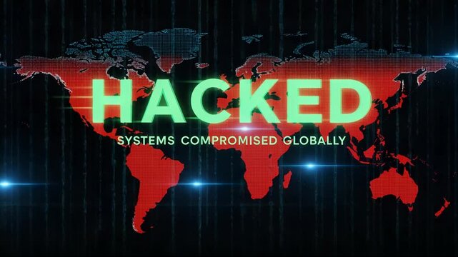 Global cyber attack alert hacked displayed over world map