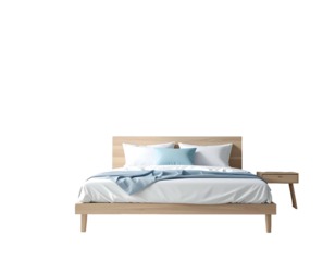 A bed with white sheets and light blue pillows, flanked by a simple nightstand, isolated on a black background