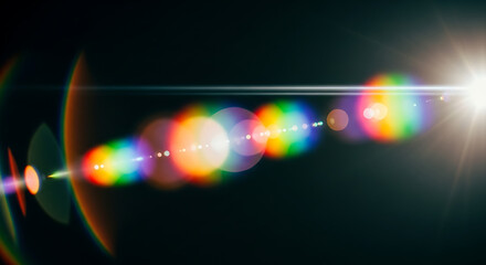 Bright lens flare with rainbow diffraction and light streaks against a creating a vibrant and ethereal visual effect for creative projects