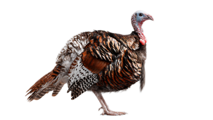 A side view of a turkey with brown and white feathers standing against a black background in a studio shot