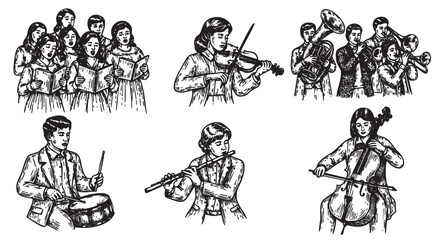 Black and white illustration depicting a diverse group of young musicians playing various instruments including violin, cello, flute, trumpet, and drums in an orchestral performance.