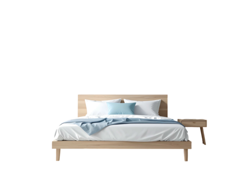 A bed with white sheets and light blue pillows, flanked by a simple nightstand, isolated on a black background