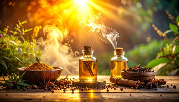 Tranquil ayurvedic setting with herbal oils, glowing spices, and misty incense swirling in golden magical light, radiating calm natural energy,