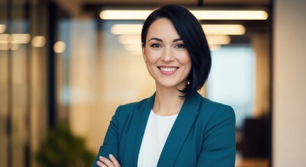 Confident businesswoman in a teal blazer smiles in a modern office setting indoors