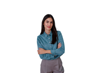 Professional woman standing confidently with arms crossed, smiling, representing success and leadership, transparent background