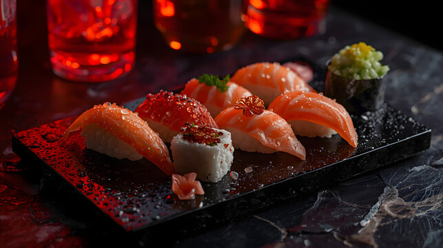 Fresh raw salmon sushi with a modern backdrop high-resolution photo - Powered by Adobe
