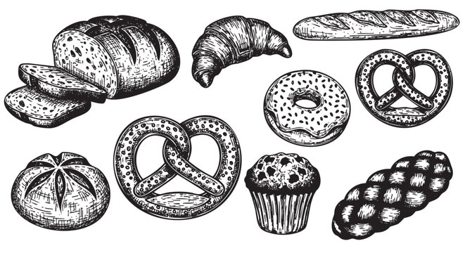 Black and white sketch of various assorted bakery items including bread, croissant, donut, pretzels, muffin, and baguette.