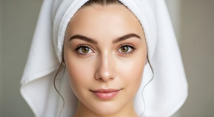 Closeup portrait of a beautiful young woman with a towel on her head after a shower